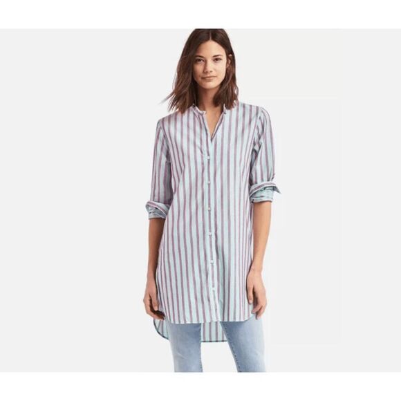 GAP Striped Boyfriend Long Tunic Shirt Blue Red Textured Mandarin Collar Medium - Picture 1 of 12
